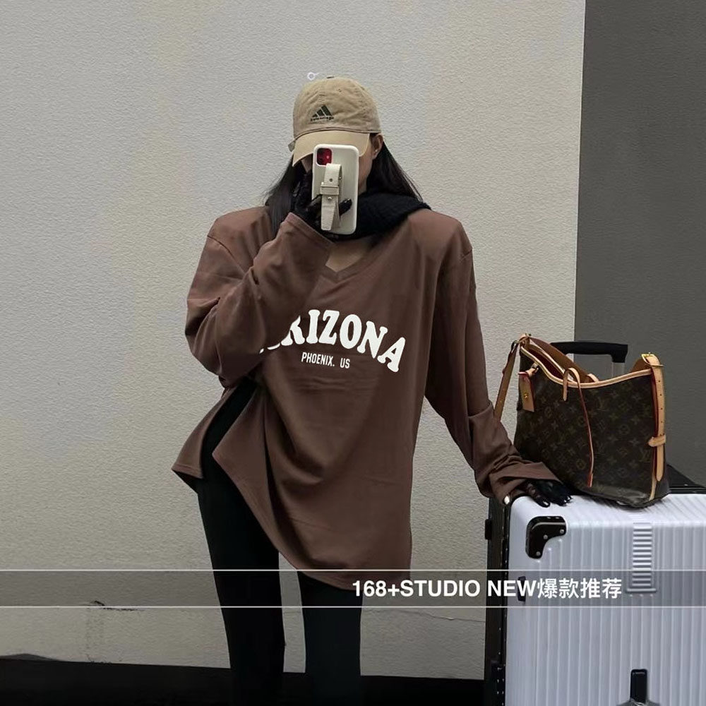 大领口v领磨毛加绒打底衫女秋冬内搭长袖t恤宽松韩版中长款上衣潮