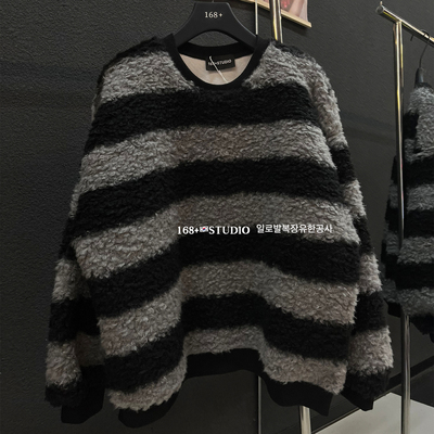 条纹撞色圆领羊羔毛卫衣女加绒加厚2025新款爆款宽松颗粒绒上衣潮
