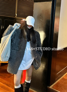 毛茸茸棒球服拉链开衫外套女宽松大码中长款毛毛休闲大衣设计感潮