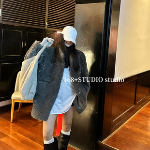毛茸茸棒球服拉链开衫外套女宽松大码中长款毛毛休闲大衣设计感潮