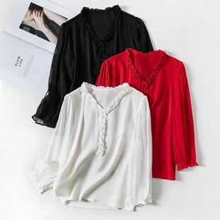轻奢高级感！V领木耳边女装白色真丝上衣OL气质桑蚕丝长袖T恤衫