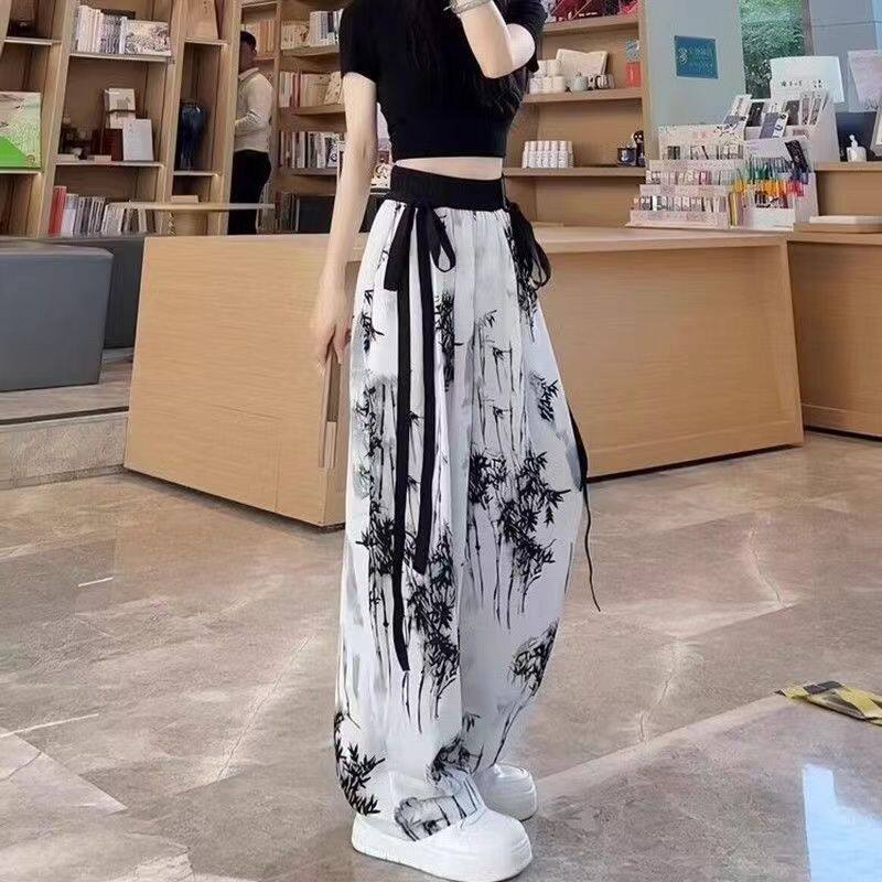 智快鱼女装冰丝雪纺阔腿裤女夏季水墨画休闲裤垂感长裤高腰直筒裤