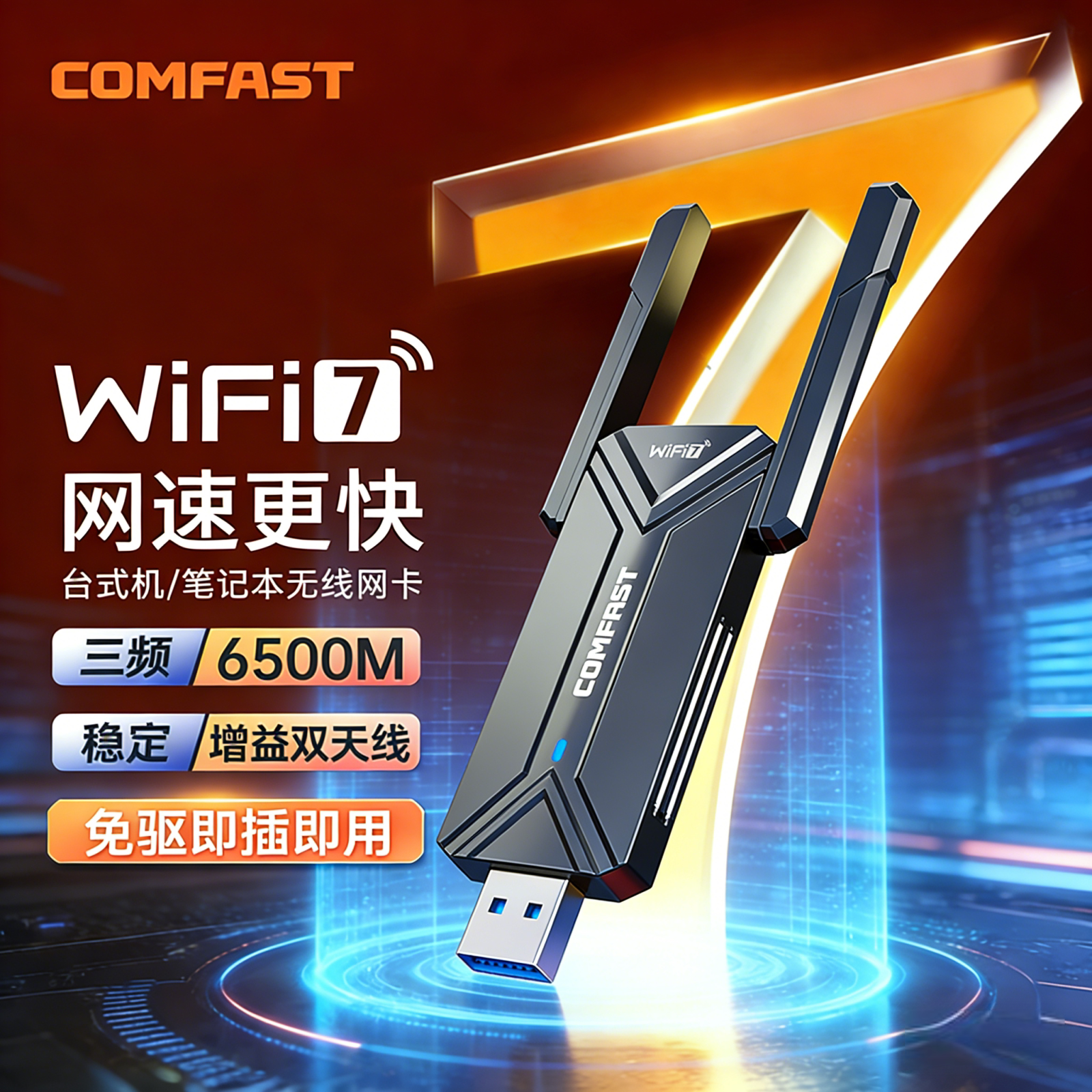 COMFAST 6500M三频无线网卡WiFi 7 免驱动千兆台式机笔记本接收器发射器大功率CF-983BE