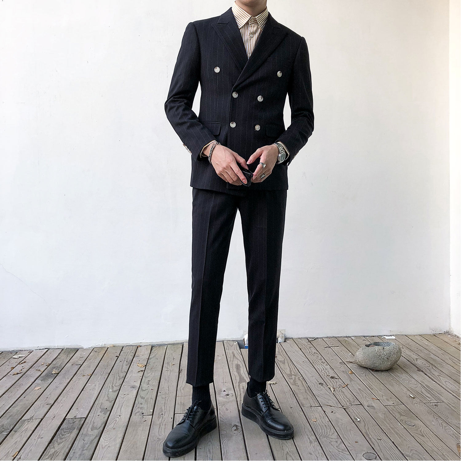 CLEARANCE DONGDAEMUN NEW STRIPED SUIT SUIT MENS SLIM DOUBLE-BREASTED SUIT TWO-PIECE GROOM WEDDING DRESS