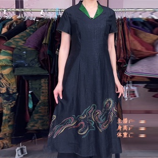 119 香云纱 裙长115 83207 绿领边彩绘连衣裙 真丝孤品