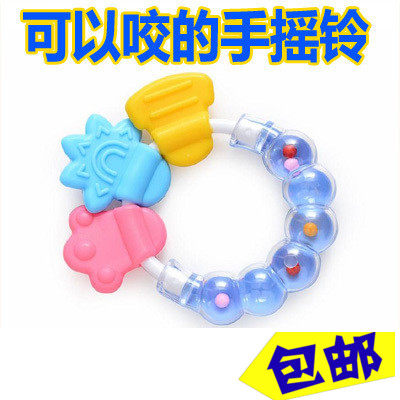 婴儿手摇铃抓牙胶宝宝磨牙棒咬胶玩具圆形牙咬乐婴儿响铃咬胶硅胶