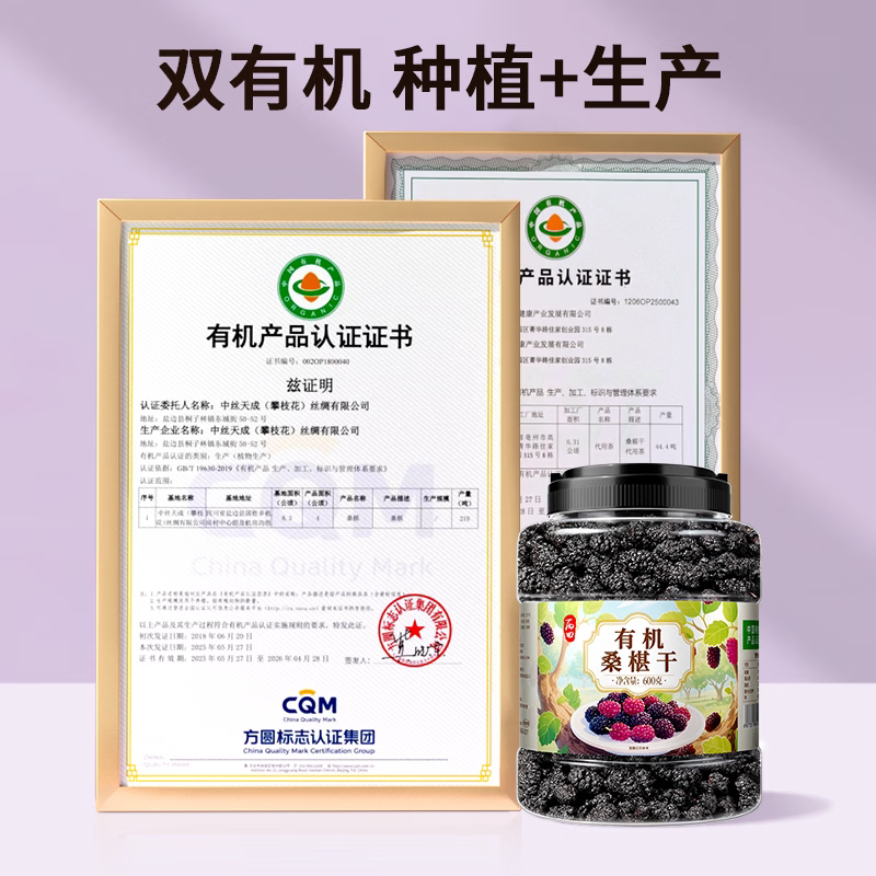 有机黑桑葚干 去沙免洗即食特桑葚级无添加剂无熏硫养生大罐600g