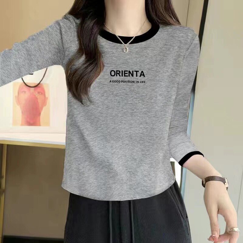 圆领长袖T恤女春秋薄款显瘦修身内搭打底衫显瘦洋气时尚百搭上衣