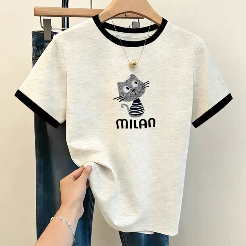 2026夏季超火浅花灰色纯棉正肩拼色短袖T恤女小众百搭减龄上衣潮