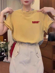 2025新款 t恤女宽松百搭减龄洋气上衣ins潮 夏季 女正肩纯棉黄色短袖