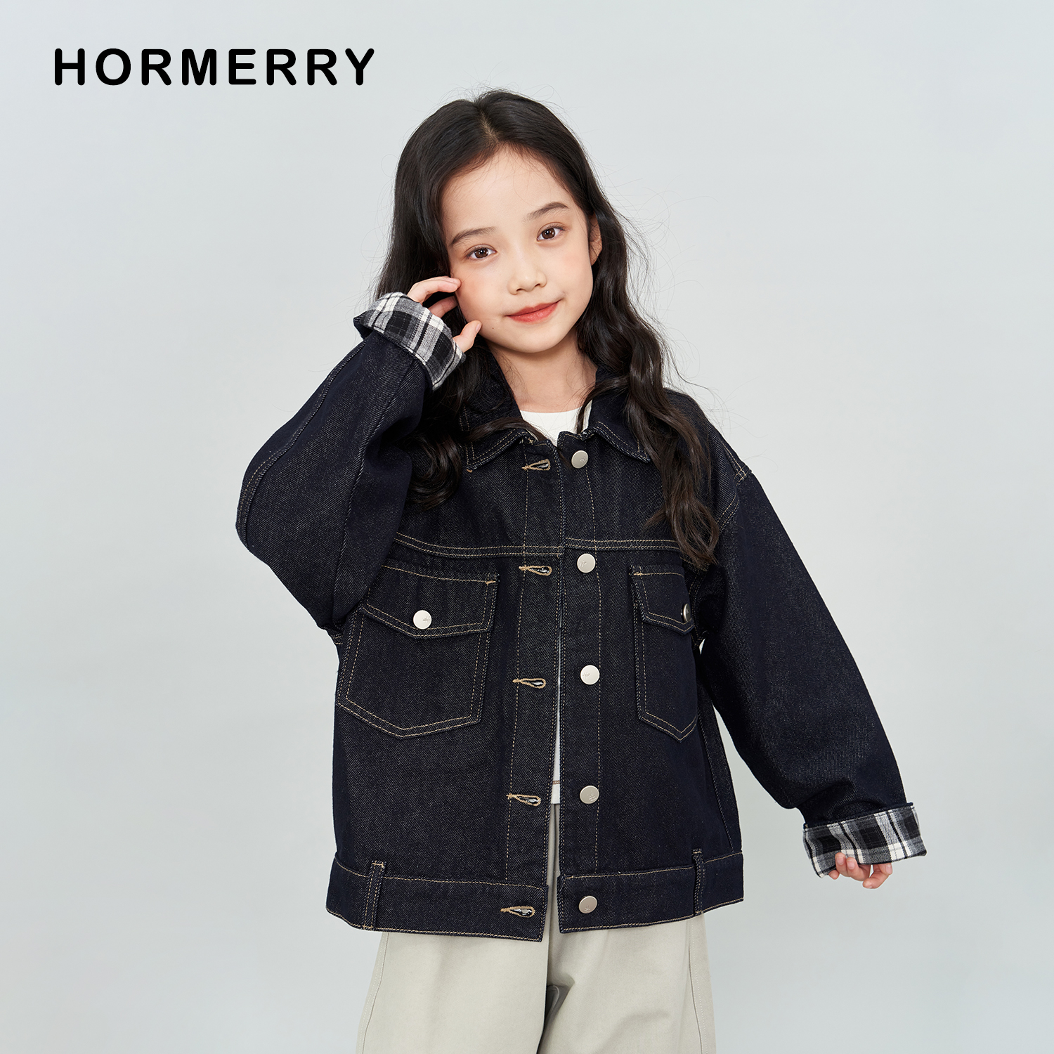 中大童拼格不落色牛仔外套