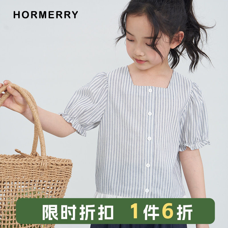 赫米童装 2025夏季新款女童花边方领条纹娃娃衫日系纯棉短袖衬衫