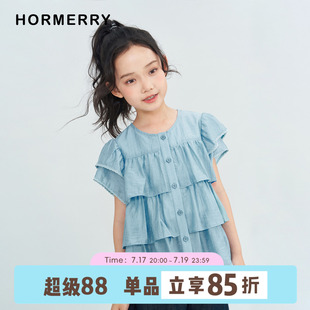 赫米童装2026夏季新款花边蛋糕小飞袖娃娃衫女童短袖衬衫森系开衫