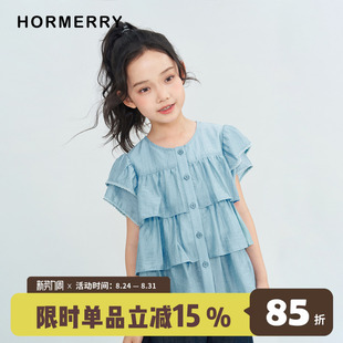 赫米童装2026夏季新款花边蛋糕小飞袖娃娃衫女童短袖衬衫森系开衫