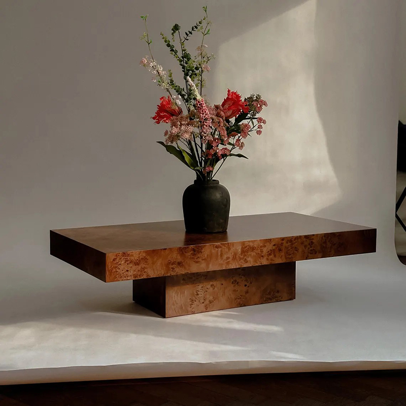 斯莱美 复古中古仿古做旧美式南洋风长方形胡桃木树瘤拼花茶几