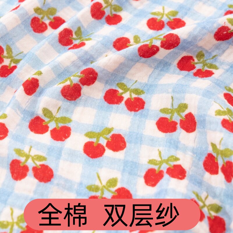 数码双层绉纱a类母婴级手工diy面料印花纯棉布料全棉格纹樱桃图案