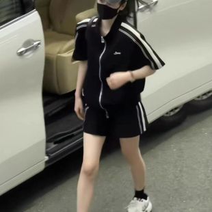 短裤 款 侧条纹短袖 ins潮 跑步套装 300斤运动休闲套装 胖mm大码 女夏季