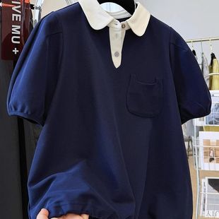 胖mm大码 t恤女夏宽松显瘦上衣ins潮 300斤法式 复古polo领撞色短袖