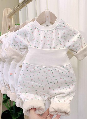 蚕丝加厚双层儿童男女童保暖高腰护肚棉秋衣肩扣家居服套装33115