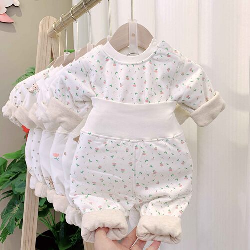 蚕丝加厚双层儿童男女童保暖高腰护肚棉秋衣肩扣家居服套装33115
