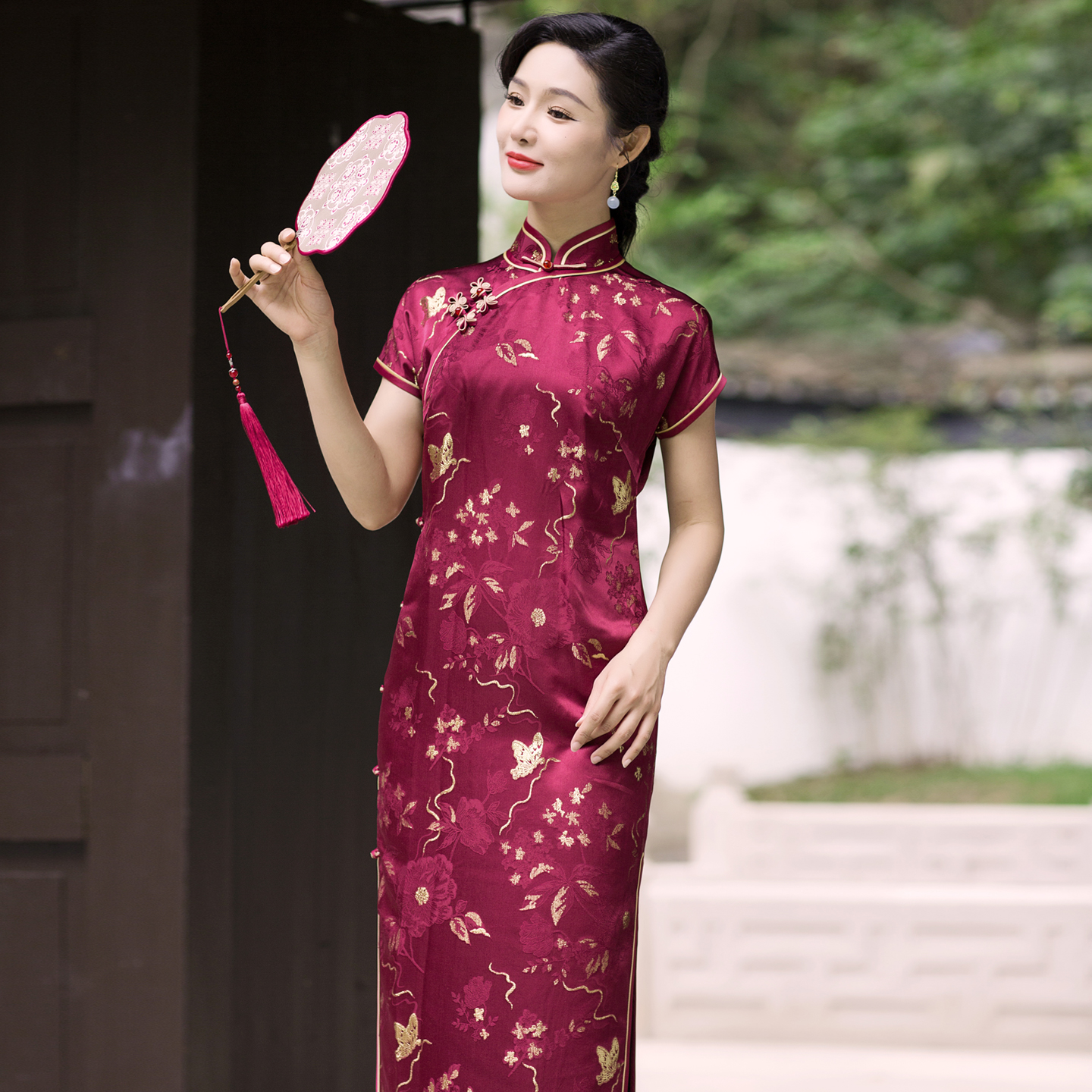 100桑蚕丝红色系旗袍礼服
