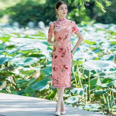 华族经典烂花绡女中长款优雅旗袍