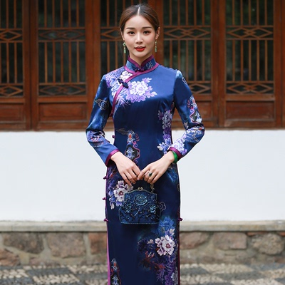 华族经典长款旗袍女老上海全开襟盘扣中式复古气质优雅日常连衣裙