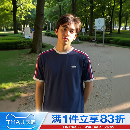 adidas阿迪达斯三叶草男子运动休闲短袖T恤经典三条纹上衣KC8636