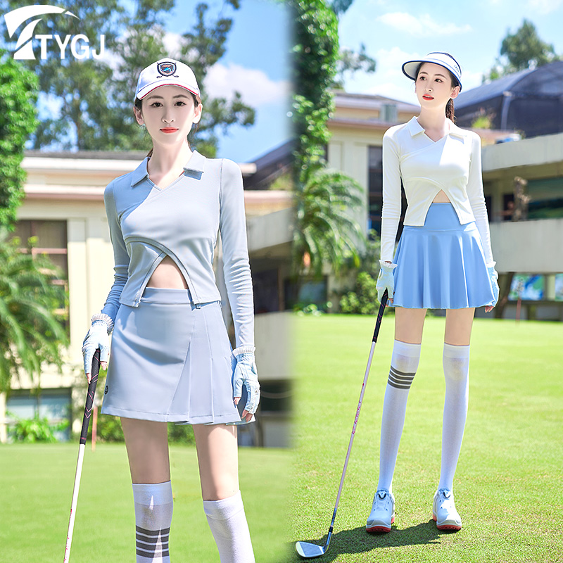 高尔夫球女士长袖T恤衫V领翻领高腰开叉弹力修身显瘦运动上衣服装