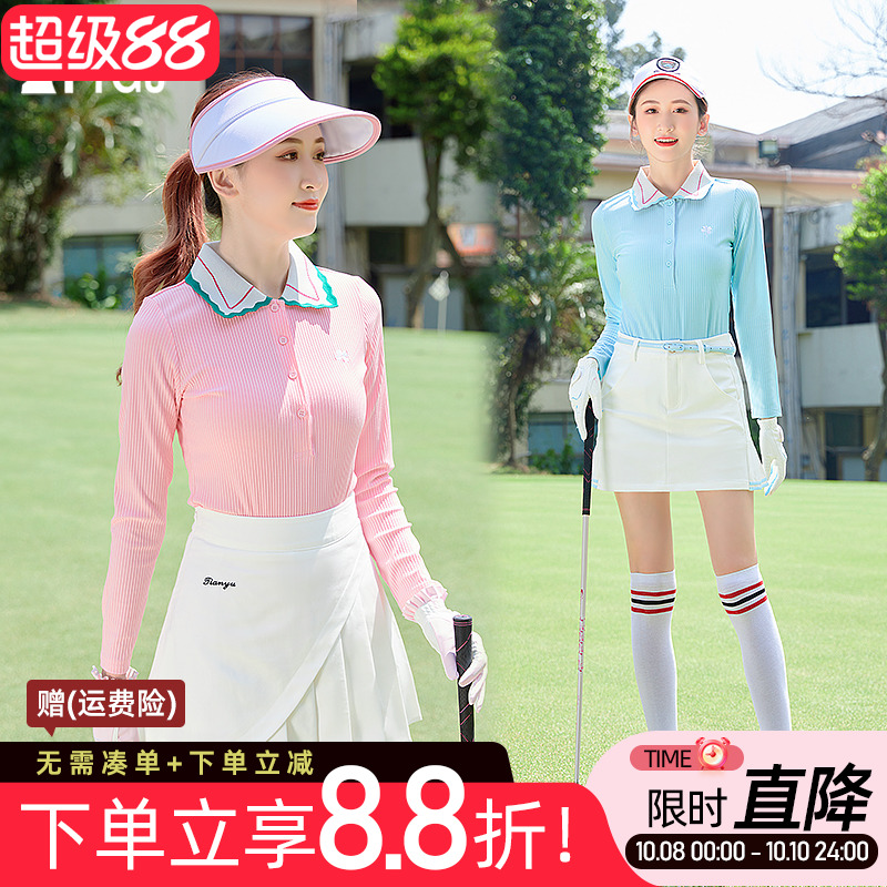 高尔夫球服装女款长袖T恤速干polo衫竖条纹翻领针织运动显瘦上衣