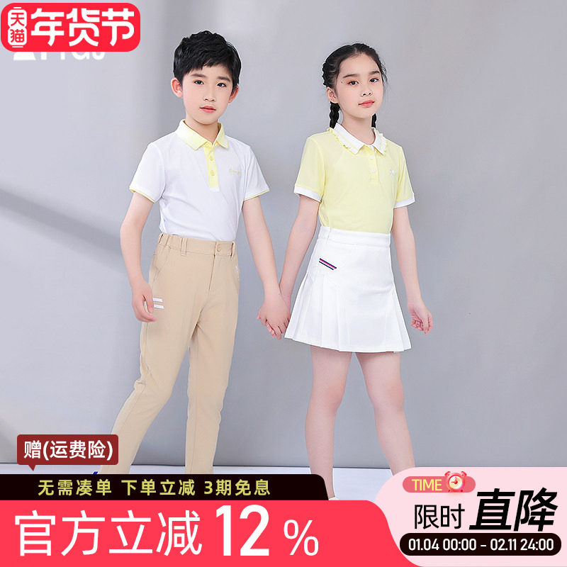 高尔夫球女童儿童短袖POLOT恤衫运动速干荷叶边翻领纯色上衣服装