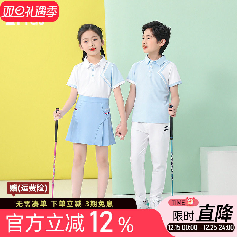 高尔夫球儿童男女童短袖T恤POLO衫学生校运动休闲白蓝色上衣服装