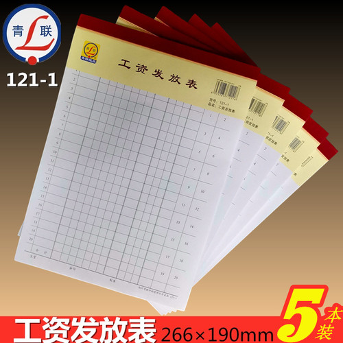【5本装】 青联121-1工资单工资表  121-1 工资发放表2本 约130张 60克双胶纸 266×190mm 2本装