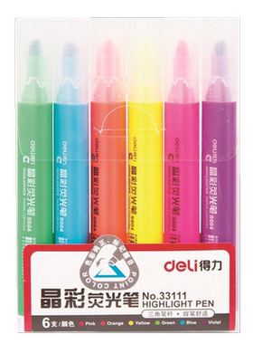 得力33111荧光笔标记笔学生用6色套装记号笔莹光彩色笔粗细划重点闪光笔标记笔夜光银光的笔三角杆笔马克龙色