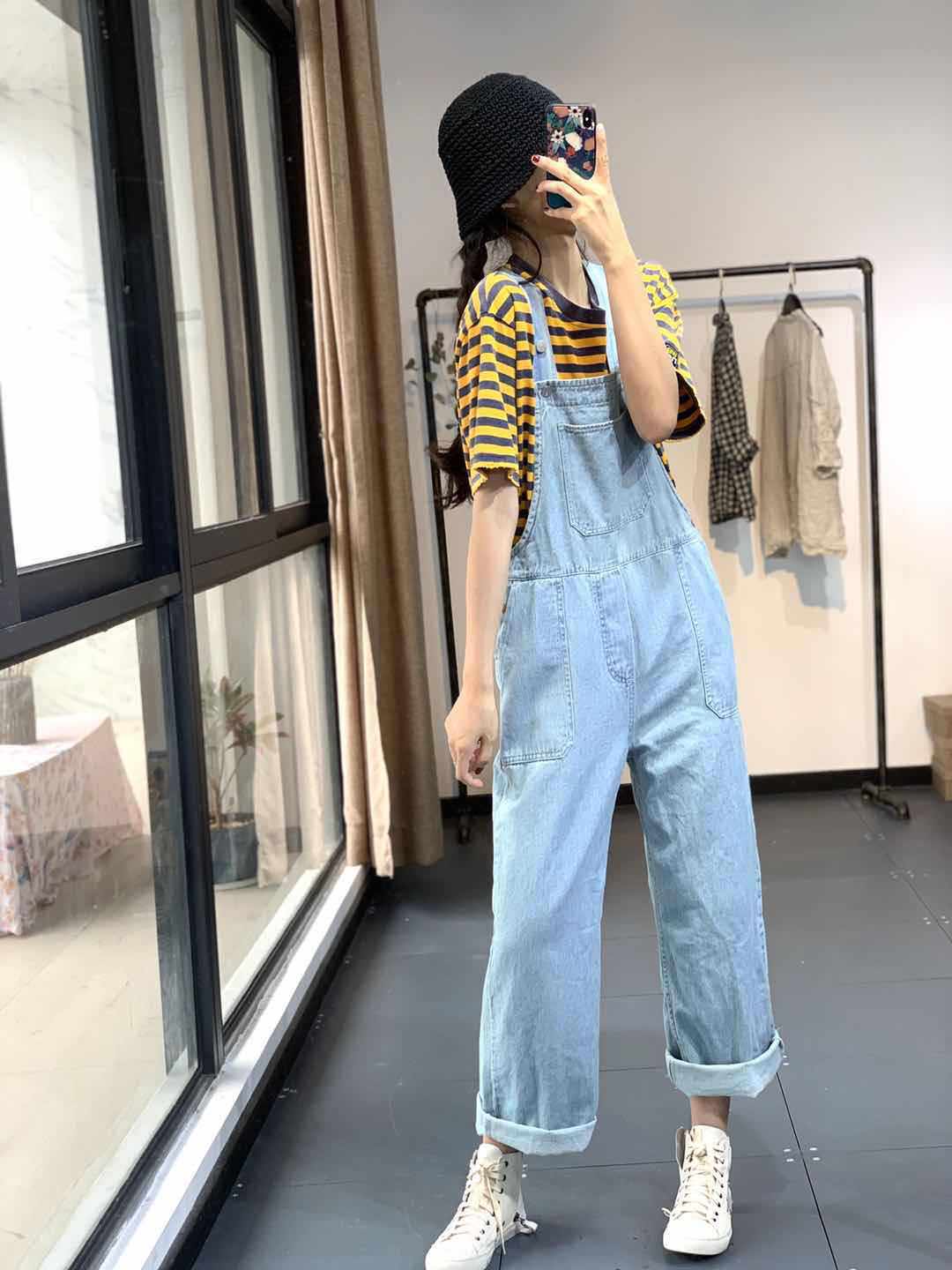 韩版大码牛仔背带裤减龄时尚百搭宽松直筒裤显瘦复古港味女长裤夏