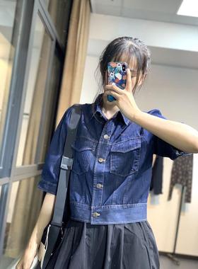 韩版减龄洋气翻领中袖短款牛仔衣修身显瘦百搭个性口袋上衣女秋YD