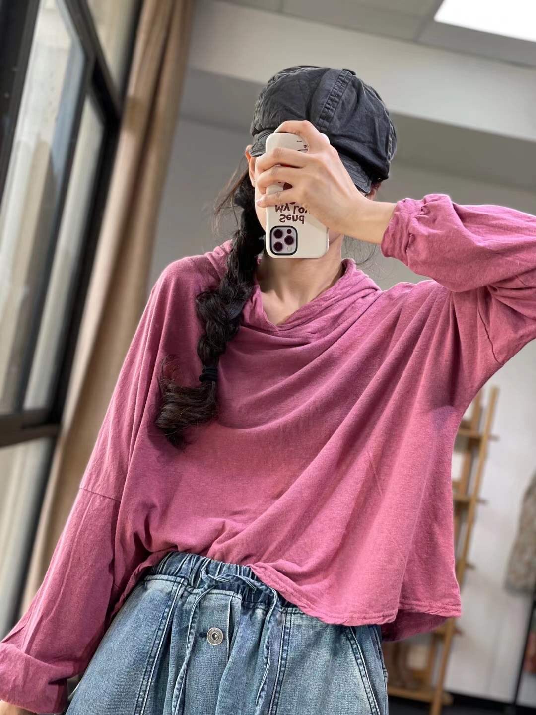 韩版纯色休闲学院风复古文艺连帽上衣个性时尚宽松减龄显瘦T恤女