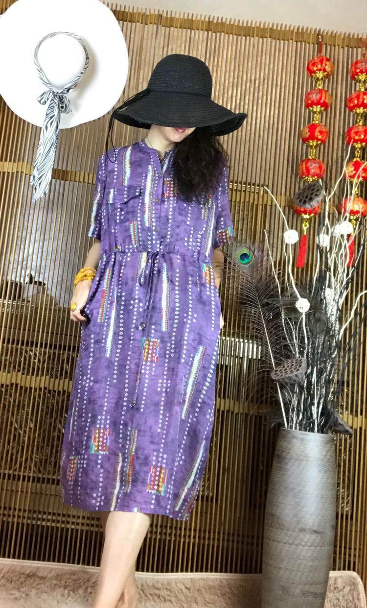 复古休闲印花前贴袋宽松长裙夏季森系淑女后开衩系带大码连衣裙女,女装/女士精品,连衣裙,淘宝优惠券,粉丝福利购,淘宝优惠卷