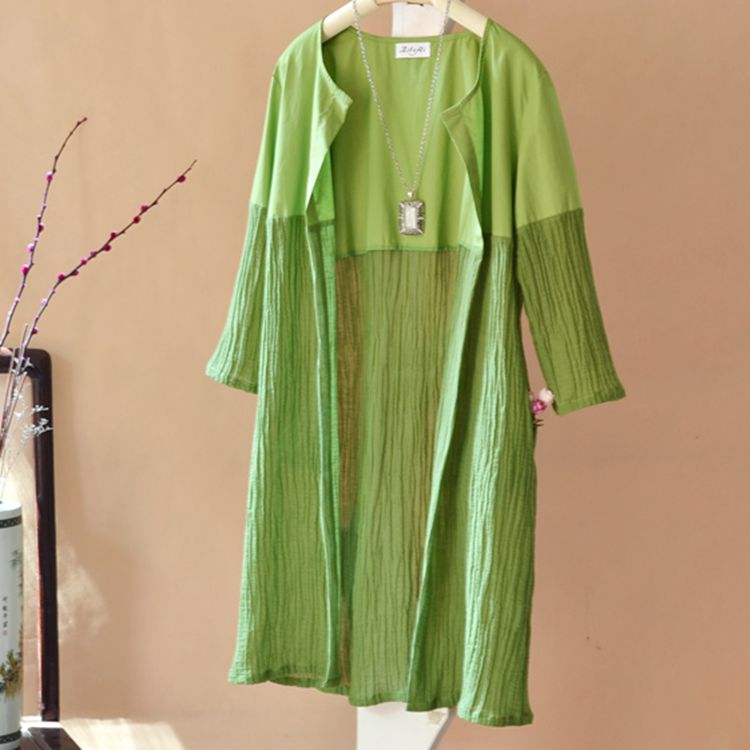 夏季森系通勤文艺拼接亚麻衬衫女大码开衫宽松个性纯色中长款外搭