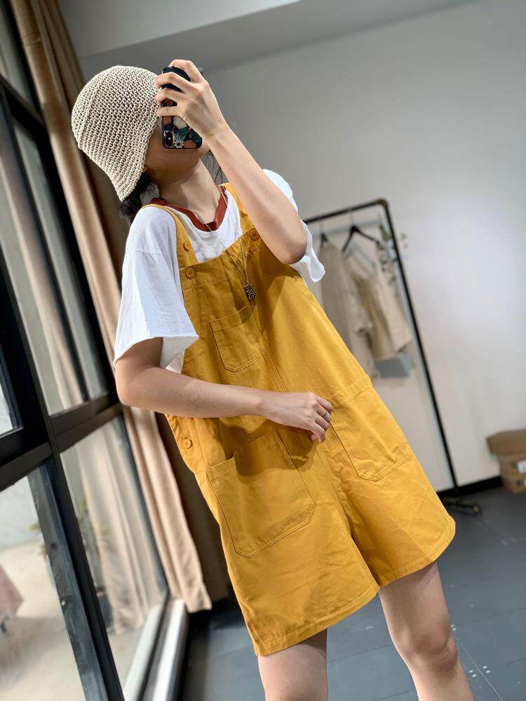 减龄文艺日系夏款侧开扣短裤背带裤女休闲学院风宽松阔腿连体裤XR
