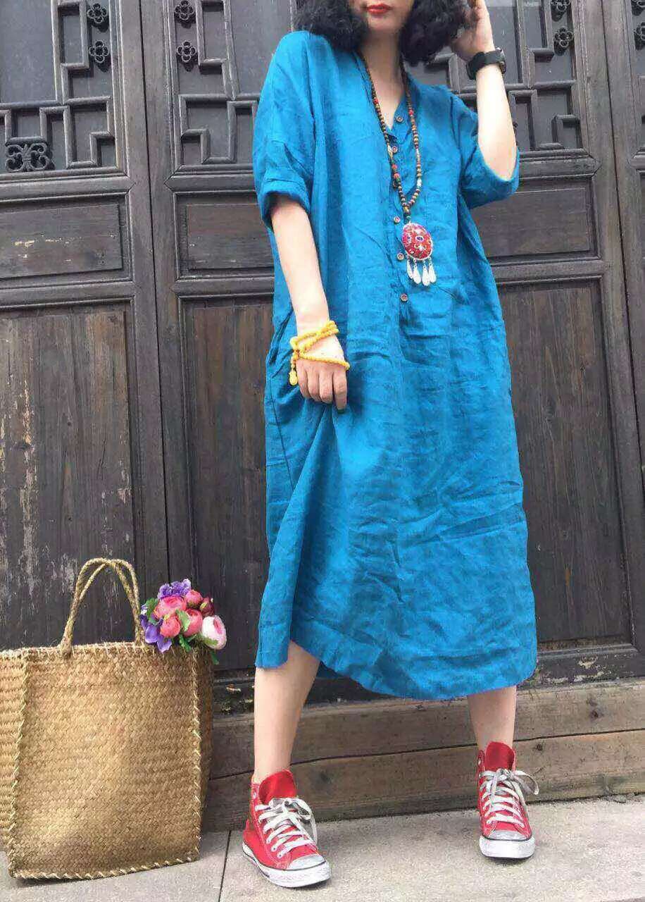 文艺范亚麻领大码连衣裙森女套头