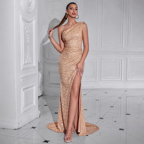 欧美女装性感高开叉连衣裙 斜肩华丽时尚聚会晚宴礼服裙dress