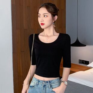 纯棉短款t恤中袖修身高腰五分袖圆领露脐露锁骨百搭女装打底上衣