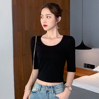 纯棉短款t恤中袖修身高腰五分袖圆领露脐露锁骨百搭女装打底上衣