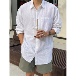 亚麻透气五分短裤 男松弛感宽松防晒长袖 两件套 套装 度假风棉麻衬衫