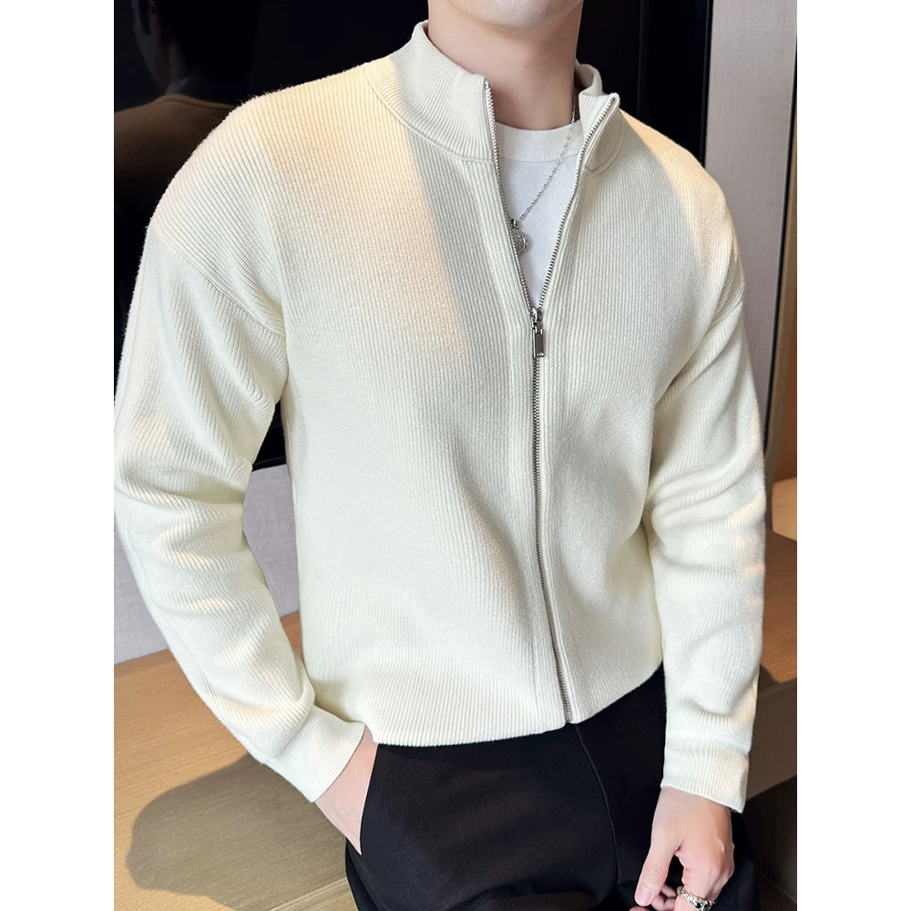 轻熟风双拉链立领针织开衫男包芯纱修身长袖卫衣半高领羊毛夹克衫