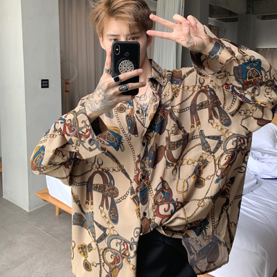 个性链子印花复古扎染寸衫衬衣