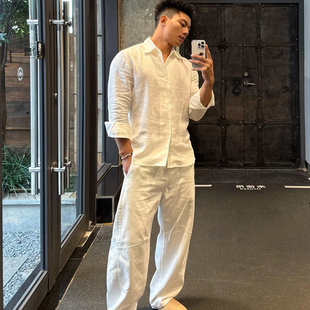 美式棉麻皱布衬衫套装男肌理感修身长袖薄款天丝亚麻长裤两件套潮