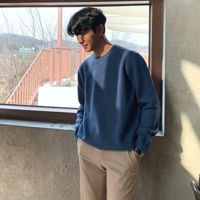 美式包芯纱针织衫小领口修身长袖