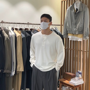 韩国男装大领口长袖罩衫半开扣阔版卫衣松弛感亨利领t恤打底衫潮